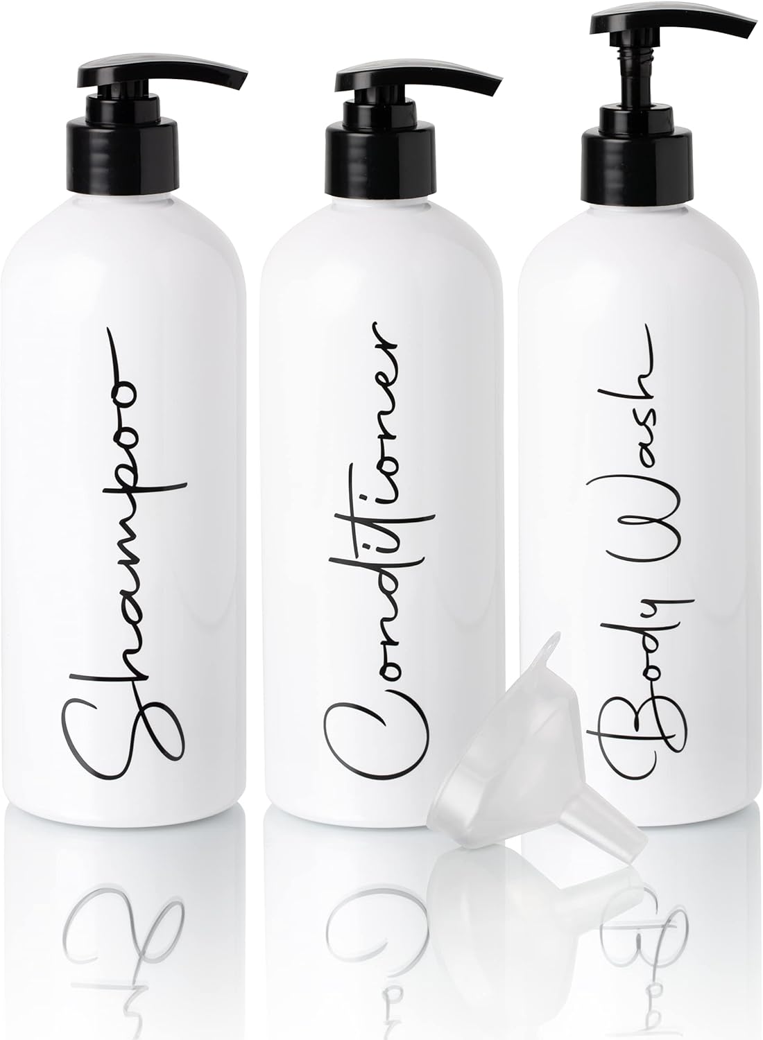 Alora 32oz Reusable Shampoo and Conditioner Bottles - Set of 3 - Easy to Read Labels - Pump Bottle Dispenser for Shampoo, Conditioner, Body Wash - Empty Plastic Refillable Containers for Shower