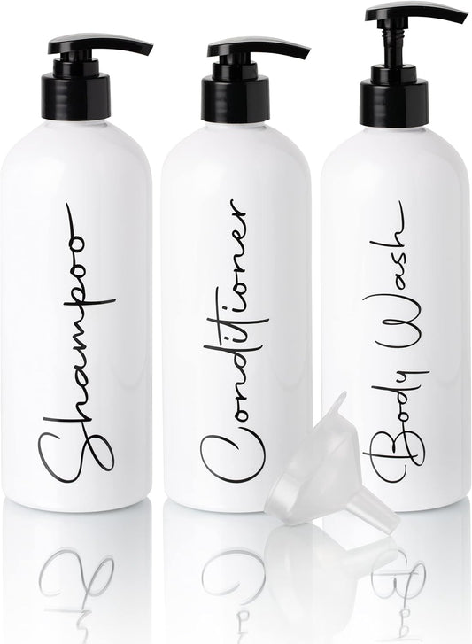 Alora 32oz Reusable Shampoo and Conditioner Bottles - Set of 3 - Easy to Read Labels - Pump Bottle Dispenser for Shampoo, Conditioner, Body Wash - Empty Plastic Refillable Containers for Shower