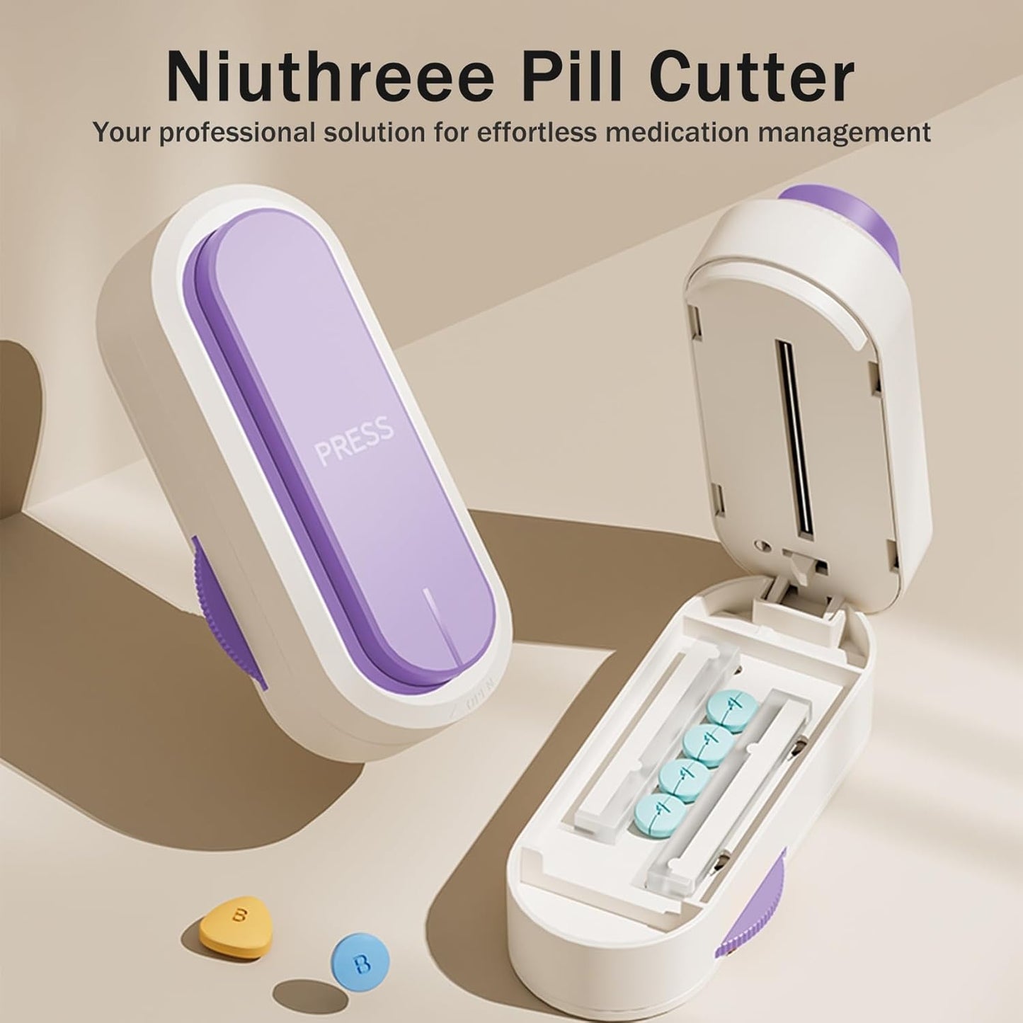 Multiple Pill Cutter - Pill Cutter Splitter for Small Tiny Large Pills Professional | Vertical Press-Down Cutting & Adjustable | Sturdy Blade & Guard | Includes Cleaning Brush (Purple)