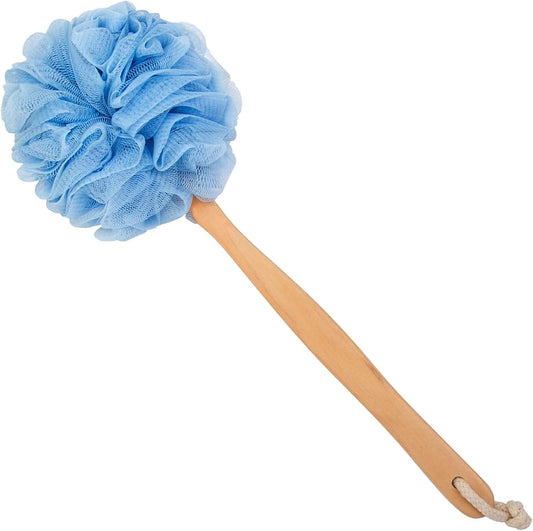 Loofah Back Scrubber for Shower, Wooden Long Handle Bath Sponge Lufa Shower Brush, Soft Nylon Mesh Back Cleaner Washer, Women & Men Exfoliating Luffa Pouf on a Stick for Body (Blue)