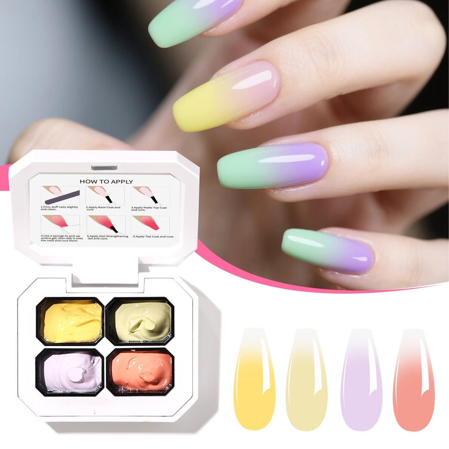 4 Colors Set Ombre Gel Nail Polish,Gel Ombre Color Palette for Nails with 20Pcs Nail Sponges for 3D Nail Art in Salon or Home Use (OMBER7)