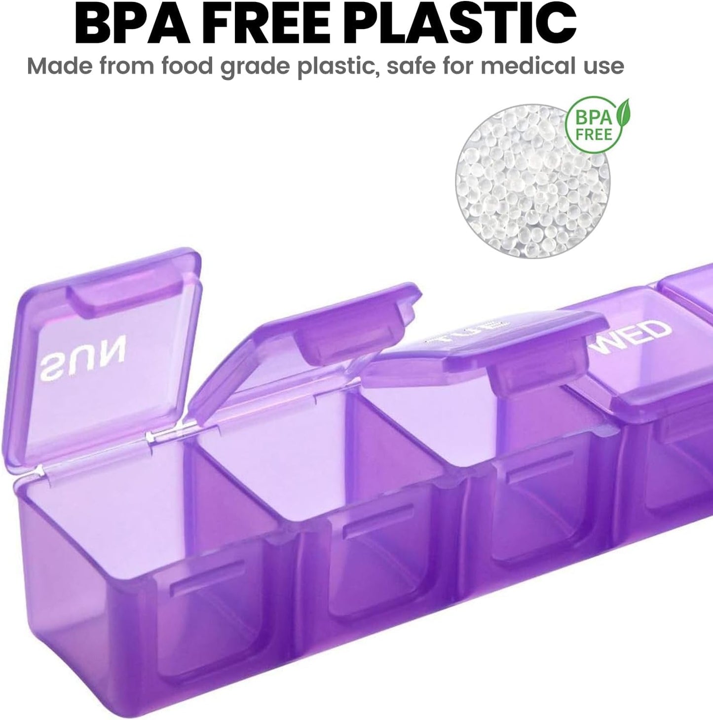 Sukuos Extra Large Weekly Pill Organizer, 7 Day Daily Pill Box Case Arthritis Friendly, Silkscreen Printed Medicine Container with Clear Lid for Vitamins, Fish Oils or Supplements (Purple)