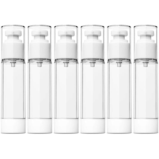 TUZAZO 6 Pack 1.7 OZ/50 ML Airless Pump Bottles, Clear Plastic Travel Size Pump Bottles, Refillable Vacuum Cosmetic Containers Lotion Dispenser for Foundation, Cream, Shampoo