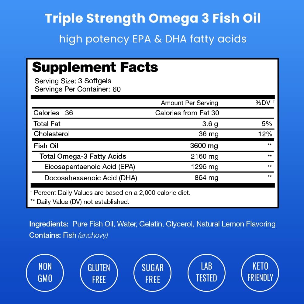 Triple Strength Omega 3 Fish Oil 3600 mg | EPA & DHA | 180 Softgels | Burpless Fish Oil Supplement, Wild Caught | Over 2100mg Omega-3 Fatty Acids Supplements | Natural Lemon Flavor Omegas 3 Pills