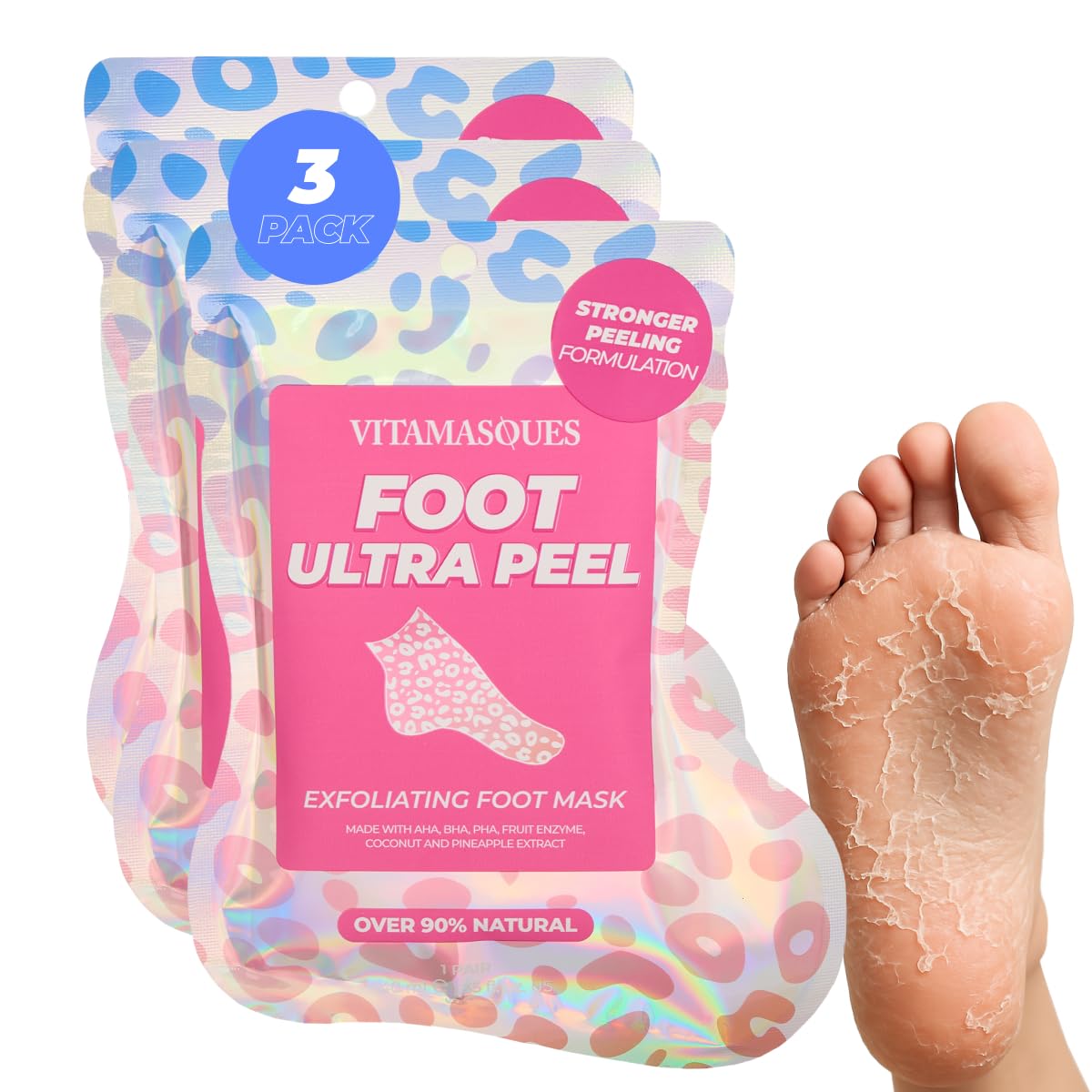 Vitamasques Foot Peeling Mask, 3 Pairs - Korean Exfoliating Foot Mask for Dry Cracked Feet & Callus Removal, Feet Peeling Masks that Remove Dead Skin for Soft Heels with Coconut & Pineapple Extract