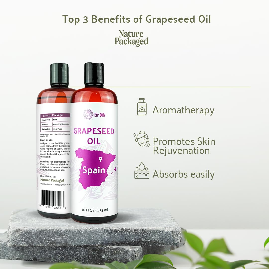 Grapeseed Oil - Pure Grapeseed oil for Skin - 100% Pure Carrier Oil for Hair, Face, and Skin - Direct from EIR Oils in the Beautiful Spanish Countryside (32 oz)