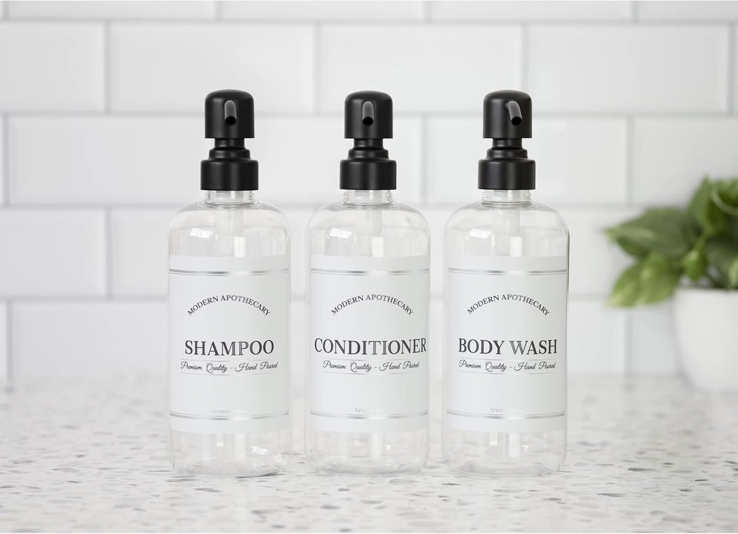 Clear Refillable Shampoo and Conditioner Bottles - Body Wash, Shampoo and Conditioner Dispenser - PET Plastic Shampoo Bottles Refillable with Pump - Waterproof Labels - 16 oz, 3 Pack (Black Satin)