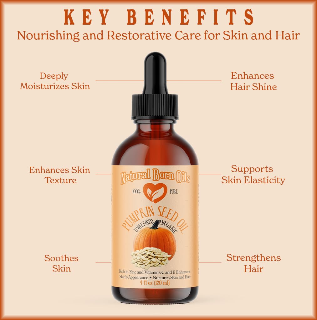 Natural Born Oils Pumpkin Seed Oil, 16oz, Organic, Cold-Pressed, Nutrient-Rich, Excellent for Radiant Skin, Lustrous Hair