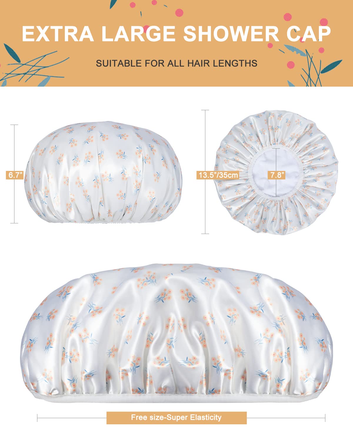 Shower Caps, Triple Layer Large Shower Cap for Women, Reusable Shower Caps for Long Thick Hair (Yellow floral)