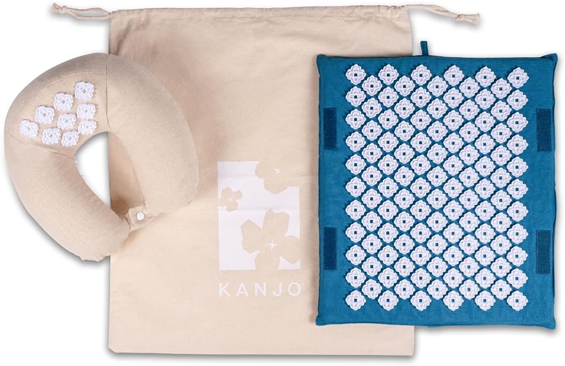 Kanjo Travel Acupressure Set | Acupressure Neck Pillow & Compact Acupressure Mat for Neck, Foot & Back Pain Relief| Travel Pillow & Travel Mat Set for Stress Relief & Relaxation