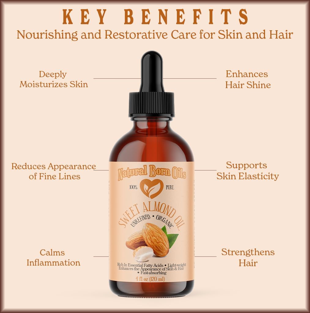 Sweet Almond Oil, 1 Gallon, Organic, Cold-Pressed, Nutrient-Rich, Excellent for Soft Skin, Lustrous Hair. Natural Born Oils.