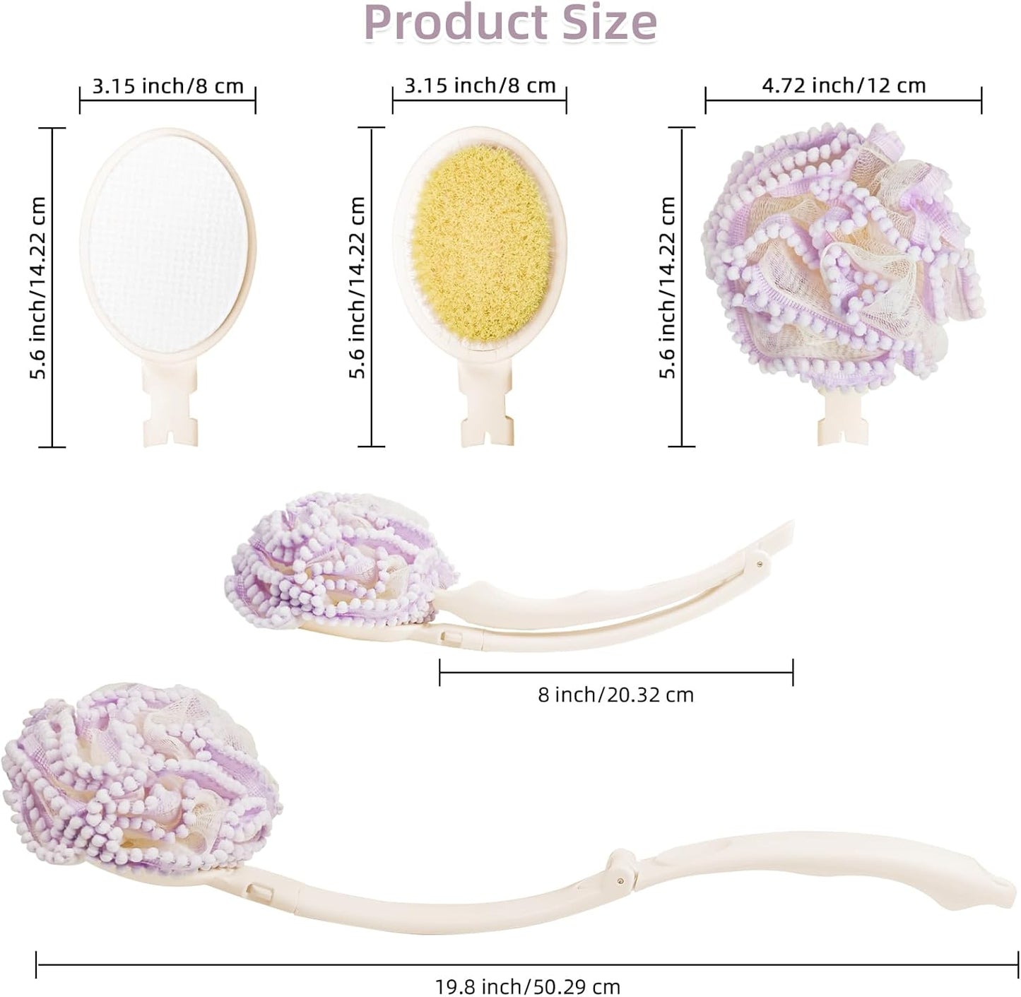 Loofah Sponge with Handle,Back Scrubber Brush for Shower, Lotion Applicator for Back,3 in 1 Shower Kit (Purple loofah)