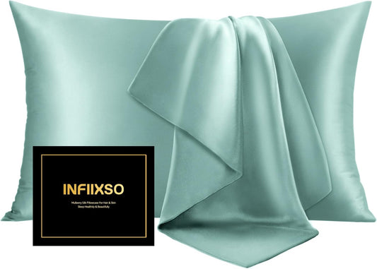 INFIIXSO Mulberry Silk Pillow Cases King Size Set of 2, Silk Pillowcase with Hidden Zipper 20"x36", Extraordinary Smooth and Soft Pillow Case for Hair and Skin(ICY Morn, 2 Pack)