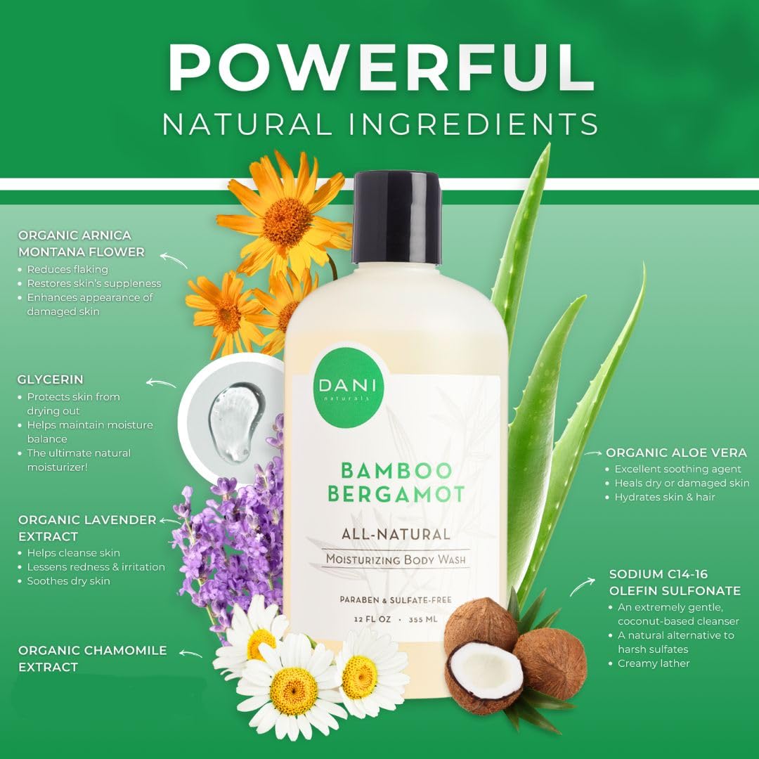 DANI Naturals Moisturizing Body Wash - Refreshing Bamboo Bergamot Scent with Organic Aloe Vera & Natural Glycerin - Paraben & Sulfate-Free Shower Gel - For Men & Women - 12 oz - Vegan & Cruelty-Free