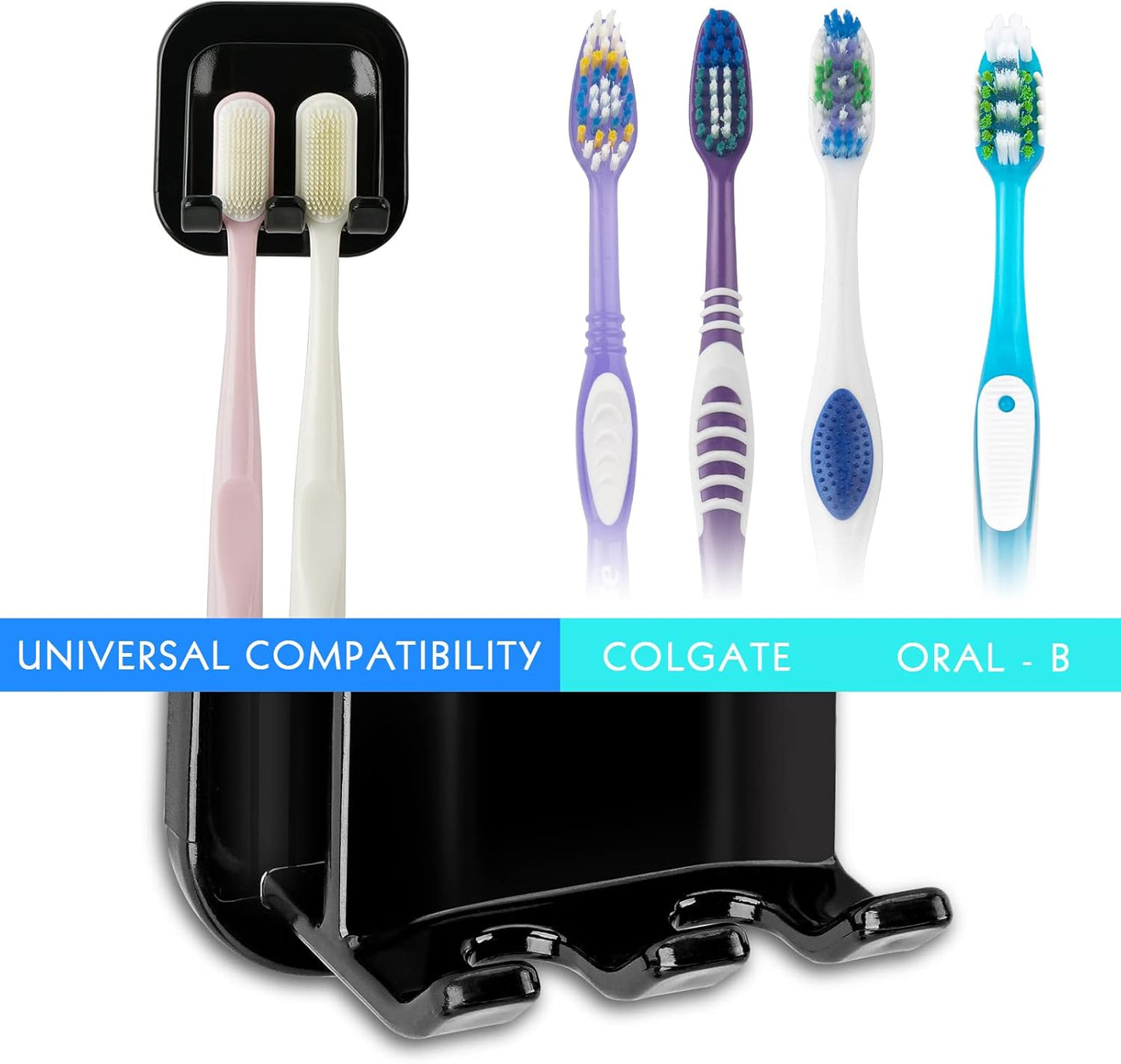 2 PCS Self-Adhesive Toothbrush Holders Wall Mounted, Water Proof Toothbrush Hook, 2 in 1 with Toothbrush Hanger and Gargle Cup Holder for Bathroom Shower (Black)