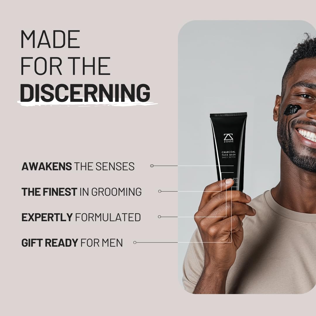 ZOUSZ Black Oud Charcoal Face Wash for Men – Daily Detox Activated Charcoal Face Cleanser – Premium Mens Skincare – Refreshing Face Wash Gift for Men, 100ml