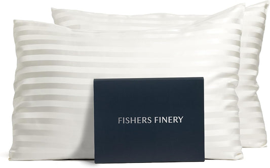 Fishers Finery 25mm 100% Pure Mulberry Silk Pillowcase Set (White Stripe King 2 Pack)