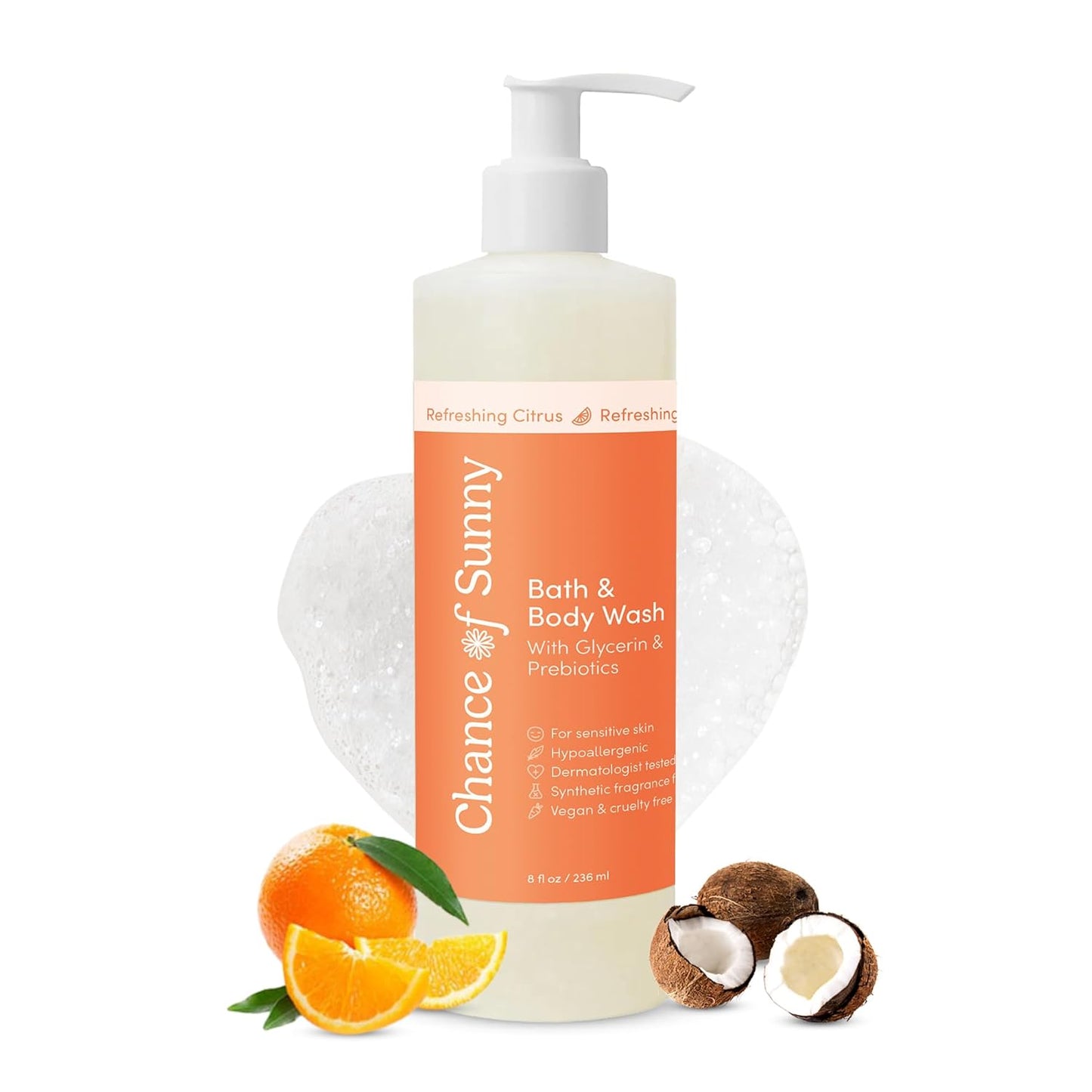 Refreshing Citrus Bath & Body Wash, 8 oz – Hypoallergenic, Vegan with Glycerin & Prebiotics Gentle, pH-Balanced Cleanser for Dry & Delicate Skin (8 oz)