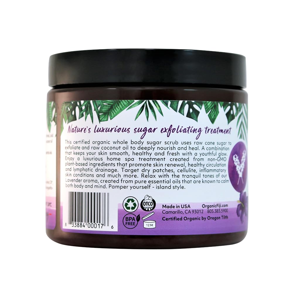 Organic Fiji Whole Body Scrub - Infused with Coconut Oil, Exfoliating Sugar Scrub for Smooth and Soft Skin, Exfoliates & Restores Skin's Natural Biosphere, Lavender 20 oz