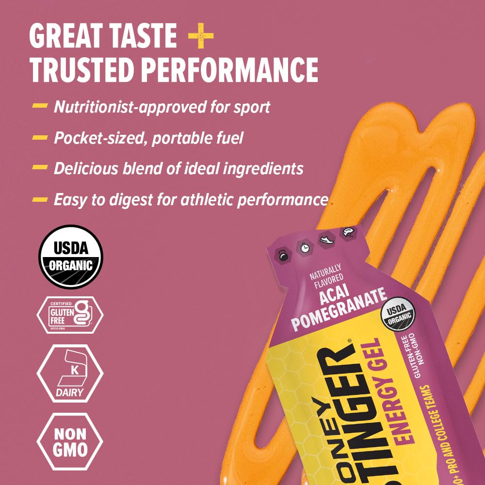 Honey Stinger Organic Acai Pomegranate Energy Gel, Gluten Free & Caffeine Free, for Exercise, Running and Performance, Sports Nutrition for Home & Gym, Pre and Mid Workout, 24 Pack, 26.4 Ounce