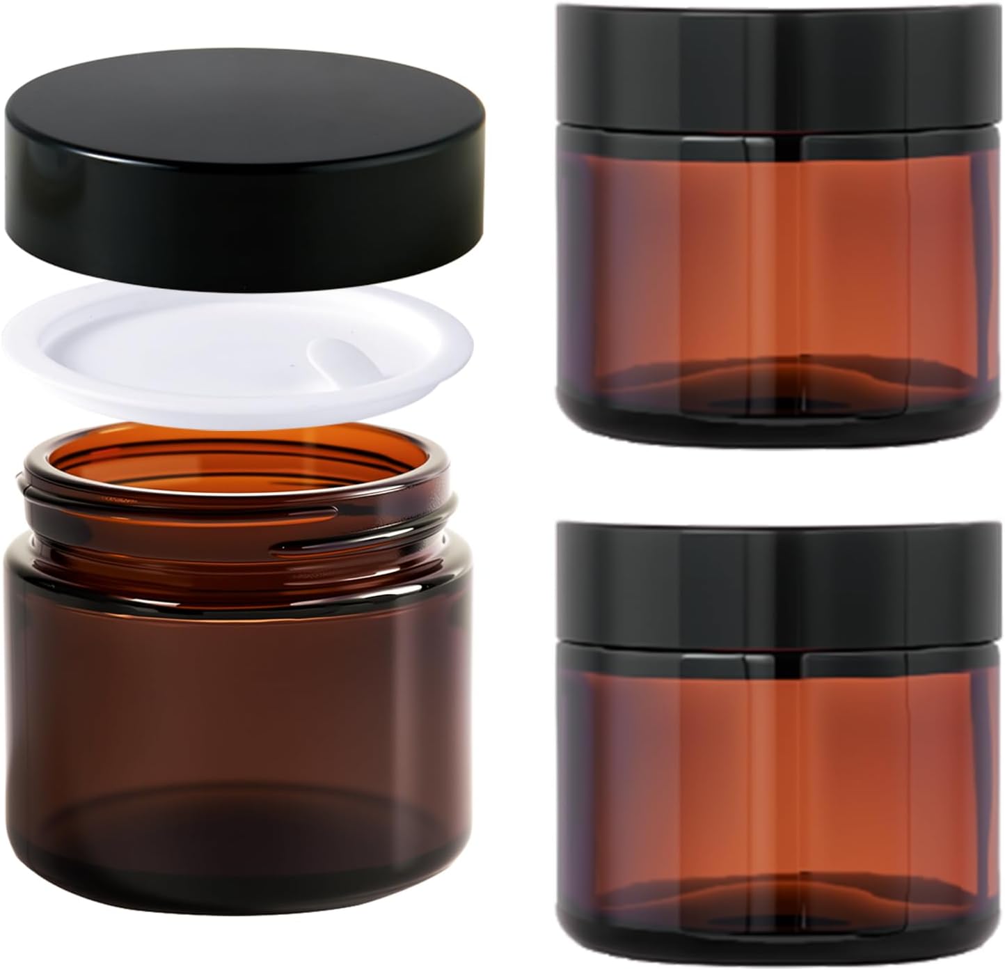 2oz Jars with Lids, HOA Kinh 3 Pack Amber Glass Jars with Lids Empty Cosmetic Containers Round Airtight Glass Jar with Black Lid for Storing Lotions Powders Ointments