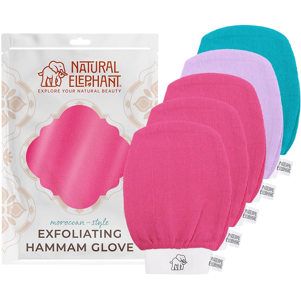 Natural Elephant Exfoliating Hammam Glove - Face and Body Exfoliator Mitt 5 and 10 Packs (3 Pink, 1 Lilac, 1 Teal (Pack of 5))