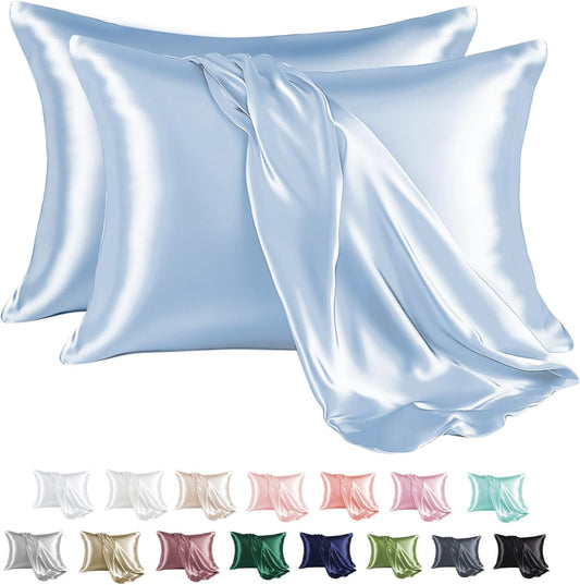 MR&HM Satin Pillowcase for Hair and Skin, Silk Satin Pillowcase 2 Pack, King Size Pillow Cases Set of 2, Silky Pillow Cover with Envelope Closure (20x40, Light Blue)