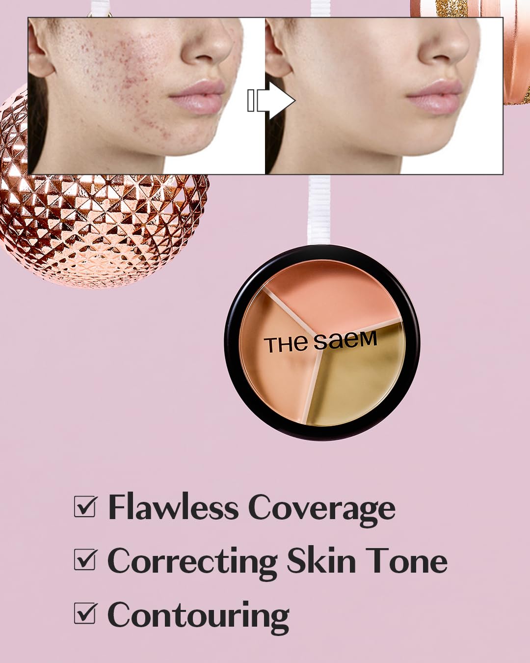 THESAEM Cover Perfection Triple Pot Concealer 01 Correct Beige + 02 Contour Beige - 3 Color Concealer for Medium & Natural Tone - Full Coverage, Correct & Conceal Redness, Dark Circles, Contouring