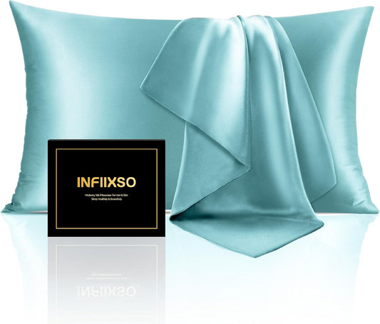 INFIIXSO Mulberry Silk Pillow Cases King Size Set of 2, Silk Pillowcase with Hidden Zipper 20"x36", Extraordinary Smooth and Soft Pillow Case for Hair and Skin(Ocean Mist, 2 Pack)
