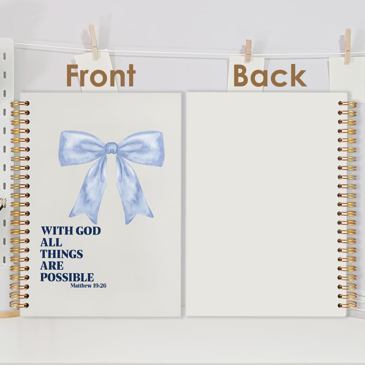 Coquette Blue Bow Christian Spiral Journal Notebook 5.5x8.3in, with God All Things Are Possible Inspirational Prayer Journal for Woman, Inspirational Bible Notebooks for Note Taking