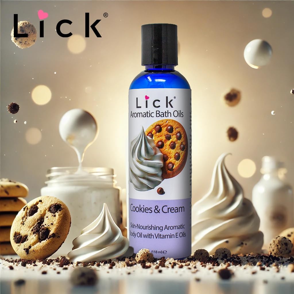 LICK Cookies and Cream Aromatic Bath Oil - Natural Sweet Almond, Vitamin E & Jojoba Oils for Luxurious Experience for Women. Moisturizes Dry Skin, 12 Enchanting Aromas, Made in USA 4 fl oz