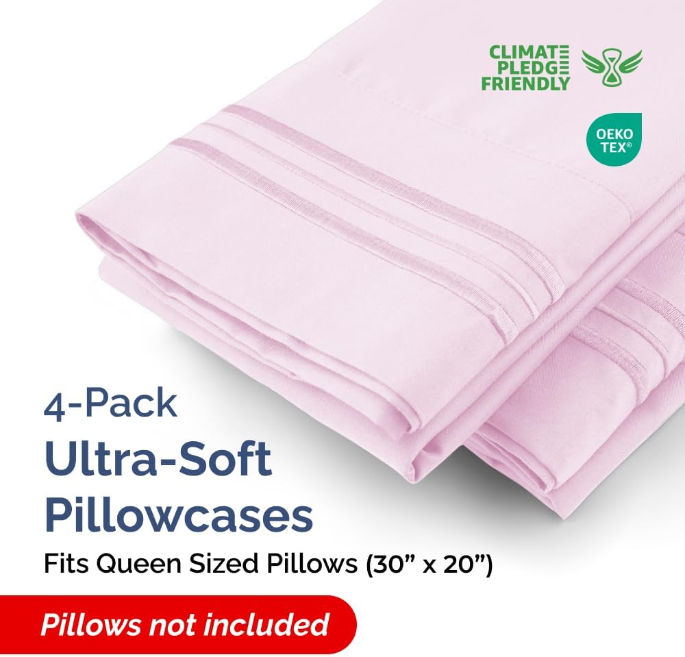 Queen Pillow Cases Set of 4 - Ultra Soft Hotel Quality Pillowcase Covers - Comfy, Cozy & Wrinkle Free - Shrink, Stain & Fade Resistant - Machine Washable Pillow Protectors - 4 Piece Set - Light Pink