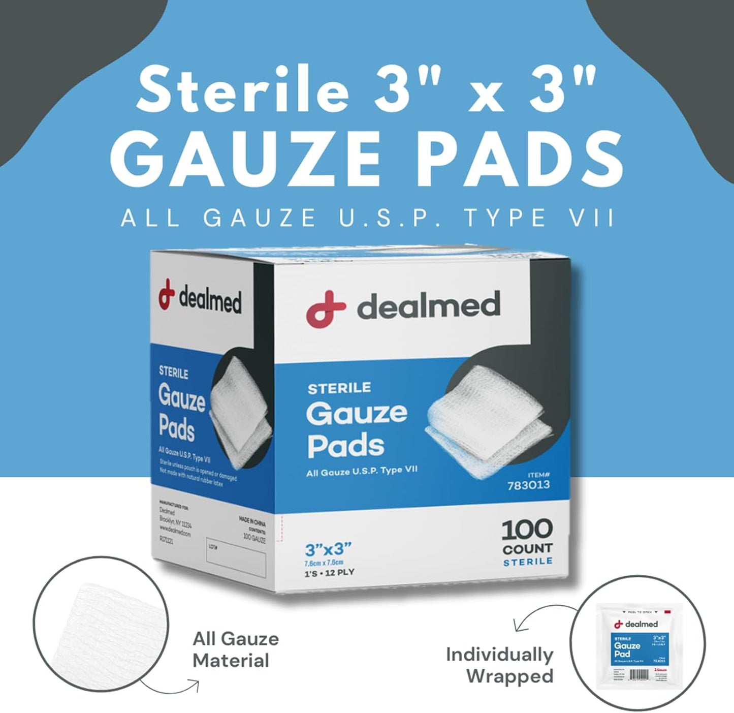 Dealmed 3’’ x 3’’ Sterile Gauze Pads (100 Count) Disposable and Individually Wrapped Medical Gauze Pads, Wound Care Product for First Aid Kit and Medical Facilities (Case of 24)