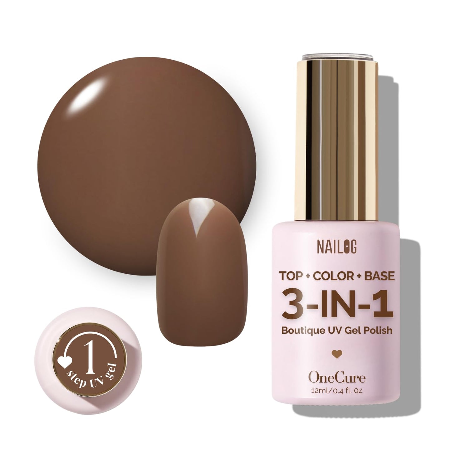 NAILOG One Step Gel Nail Polish 12ml Top Coat Color Gel Base 3-In-1 Formula Soak Off UV Gel Polish for Home DIY & Gifting | Khaki Brown