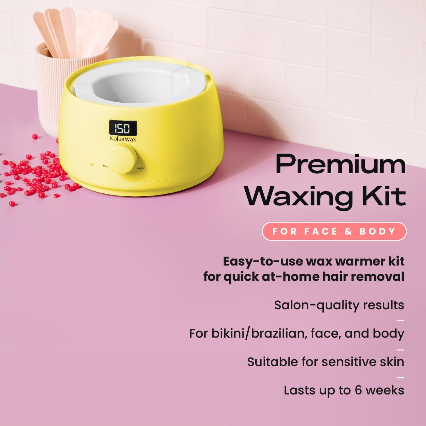 KoluaWax Premium Waxing Kit for Women - Hot Melt Hard Wax Warmer for Hair Removal, Eyebrow, Bikini, Legs, Face, Brazilian Wax - Machine, 4-Pack Beads, Accessories, Sun
