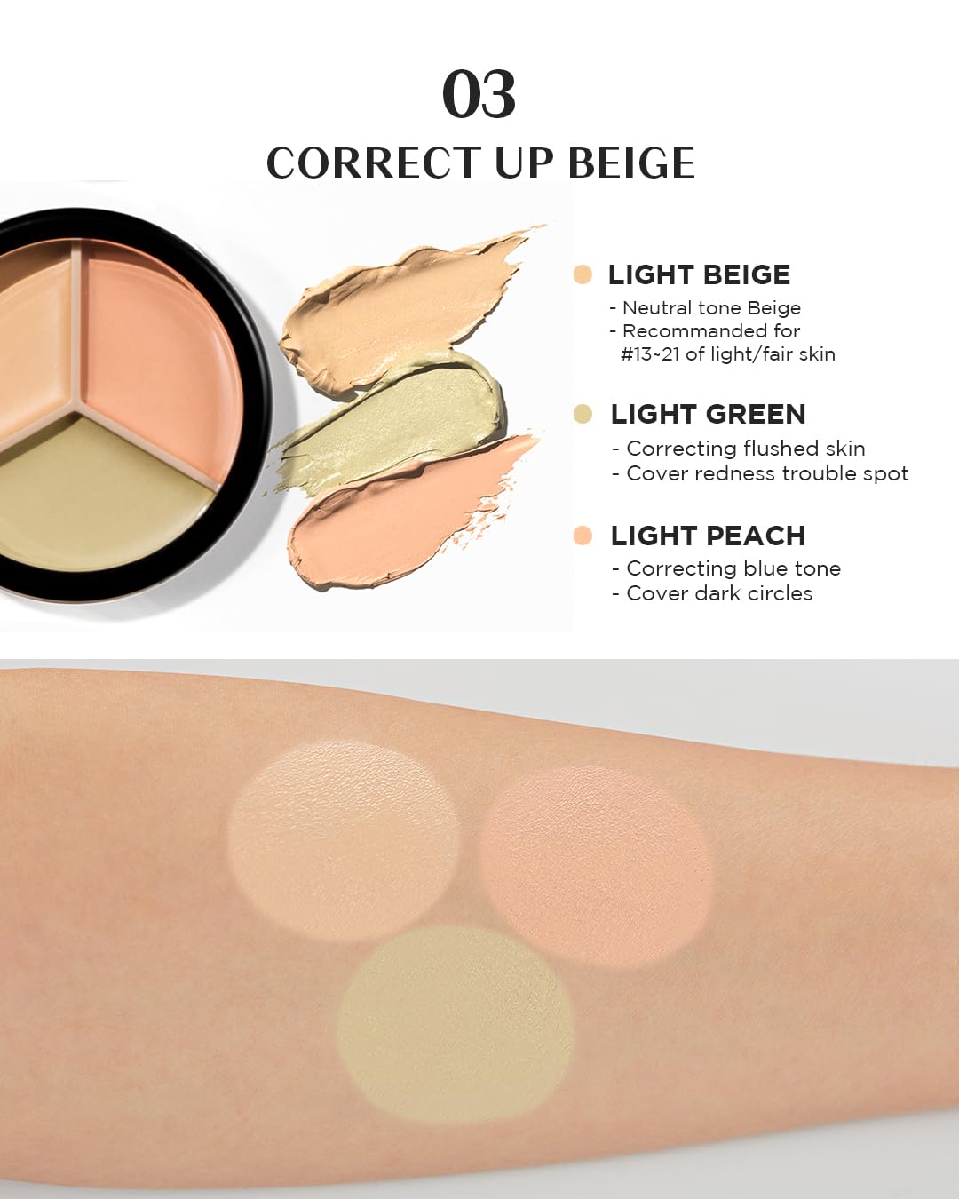 THESAEM Cover Perfection Triple Pot Concealer 03 Correct Up Beige + 04 Tone Up Beige - for Fair to Light Skin Tone - 3 Color Full Coverage - Covers Pigmentation and Blemish Spots, Corrects Skin Tone