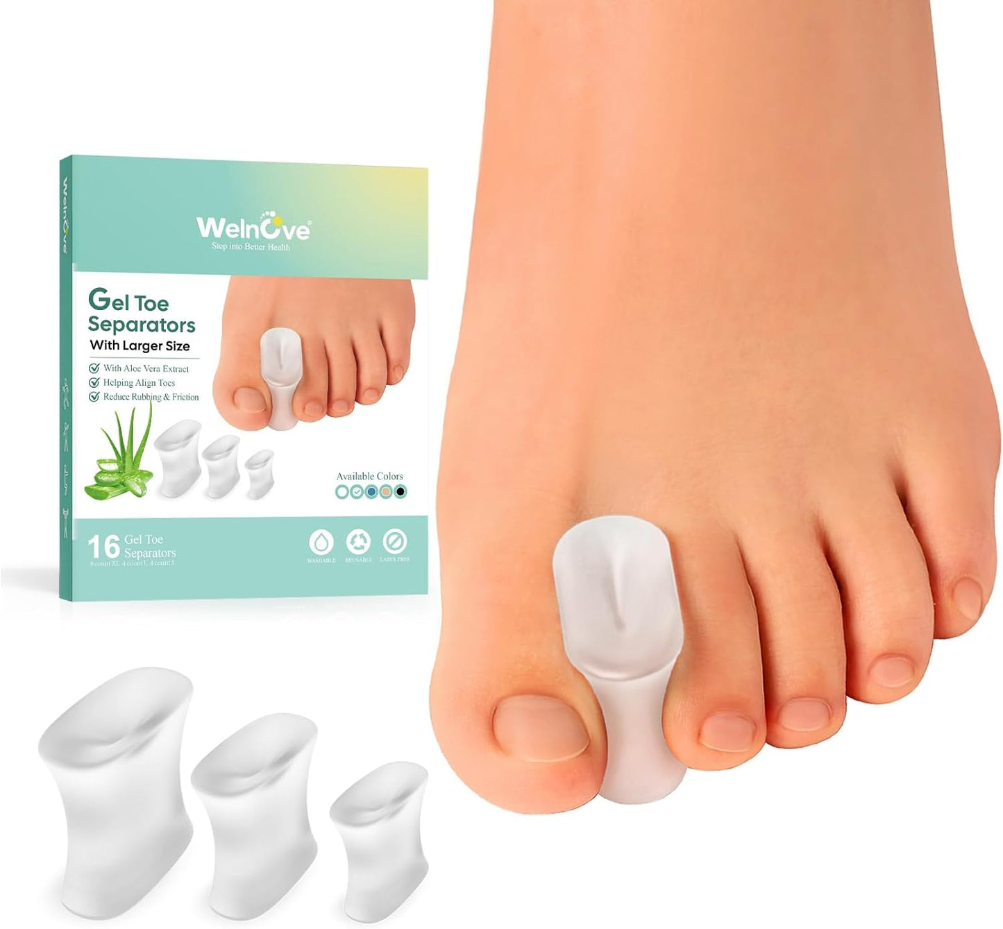Welnove Upgraded Gel Toe Separators – 16-Pack Aloe Vera Extract Infused Silicone Toe Spacers for Straightening Overlapping Toes, Bunions, Calluses – Bunion Corrector for Men and Women (3 Sizes)