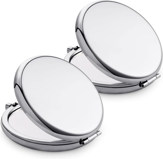Compact Mirror, Pocket Travel Makeup Mirror for Purse, Metal Round Shell, 2-Sided 1X/2X Magnifying, Portable, Folding, Handheld, Silver, 2 Pack