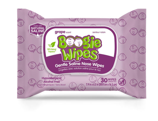 Boogie Wipes, Saline Wipes for Baby & Kids, Nose Booger Wipes for Allergy Relief, Face, Hand & Body, Made with Vitamin E, Aloe and Natural Saline, Grape, 30 Count (Pack of 1)