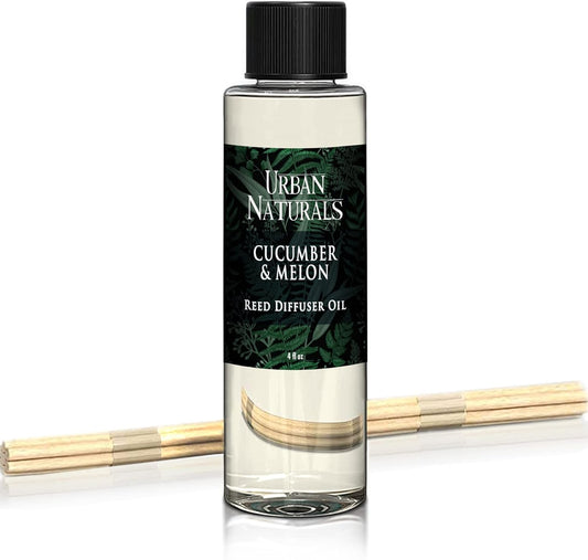 Urban Naturals Reed Diffuser Oil Refill Cucumber Melon, Crisp Cucumber, Juicy Melon, Refreshing Summer Scent, 4 oz + Free Reed Sticks, Made in The USA