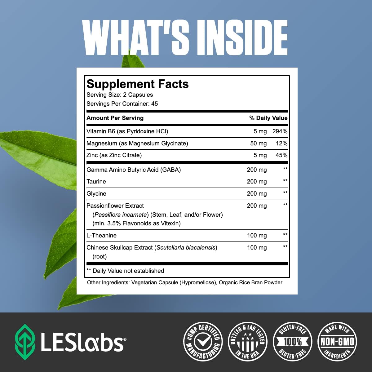 LES Labs GABA Health – Calm Mind & Relaxation, Stress Relief, Neurotransmitter Support & Deep Sleep – GABA, Taurine, Passionflower, Skullcap, L-Theanine & Magnesium – Non-GMO Supplement – 90 Capsules