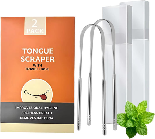 Stainless Steel Tongue Scraper Set, 2 Pack with Travel Cases, Professional Oral Care Tool