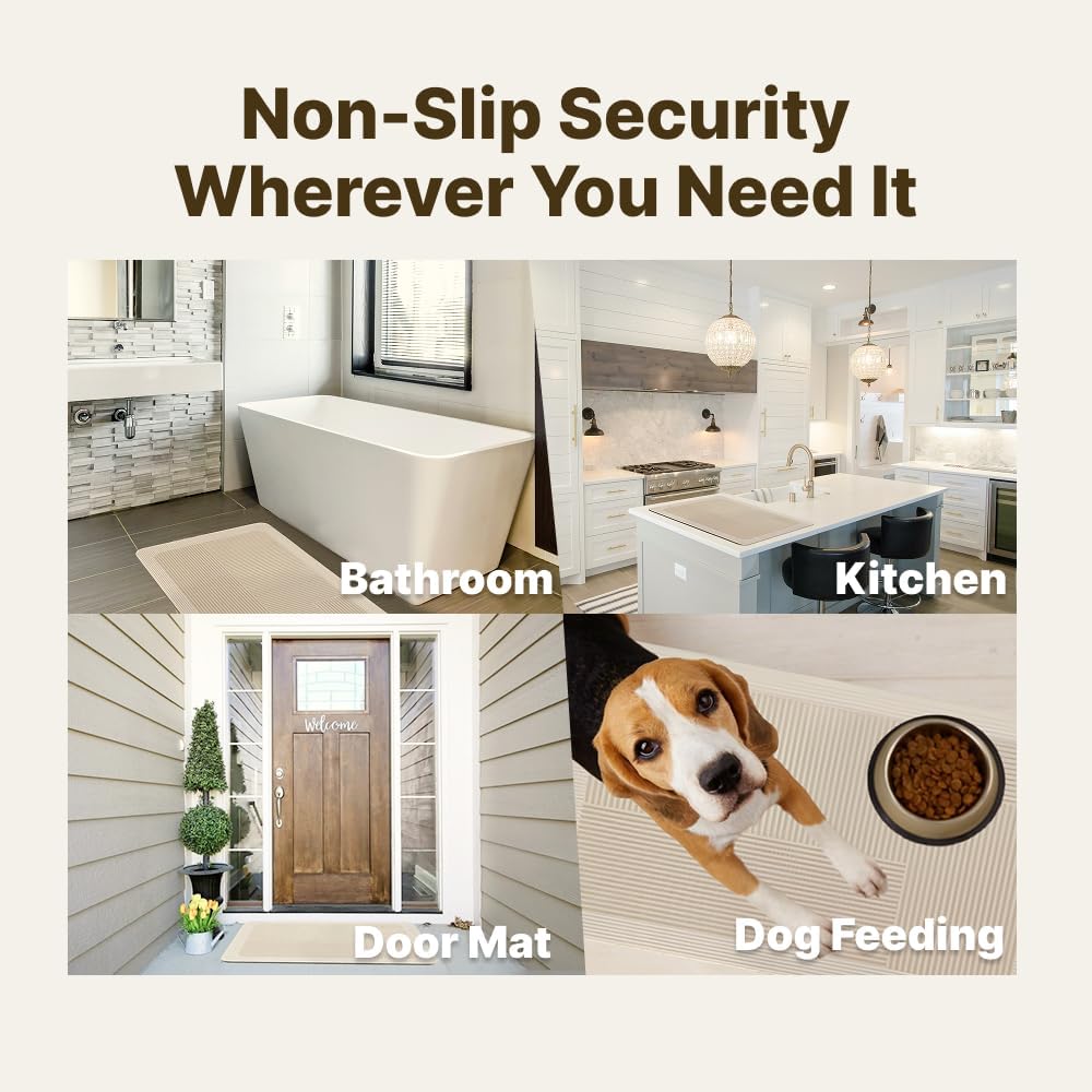 Beige Striped Diatomite Bath Rug – Quick Dry Super Absorbent Diatomite Stone Shower Mat – Ultra Thin Non-Slip Rubber Bath Mats for Bathroom Floor, Stylish & Durable Home Décor (30×20 inch)