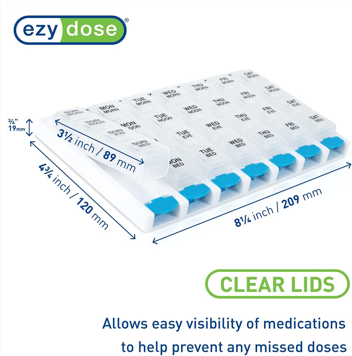 EZY DOSE Weekly (7 Day) 4 Times a Day Push Button Pill Organizer and Vitamin Planner, Removable Daily Pillboxes, Blue, Clear Lids, Large, BPA Free