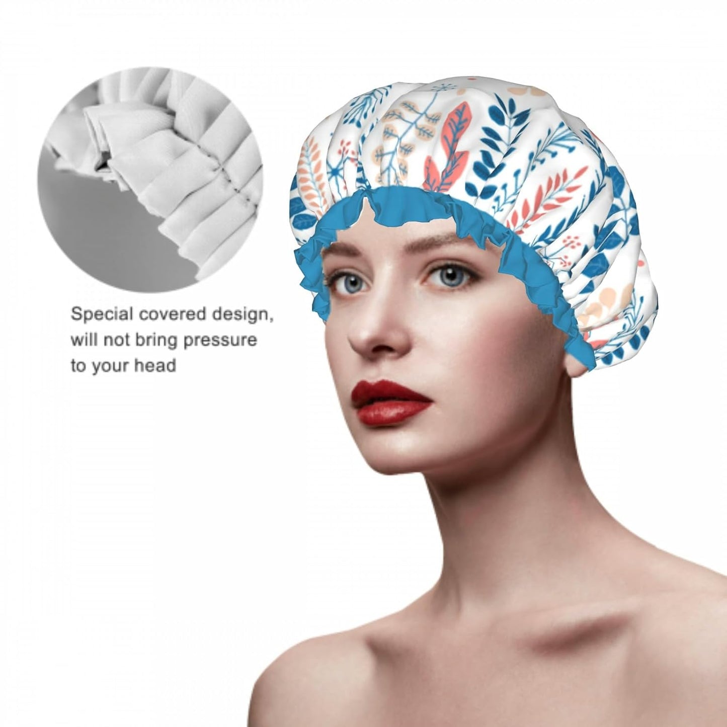 Cute Colorful Leaves Double Layer Waterproof Shower Cap for Women Reusable Bath Cap for All Long Hair Lengths Soft Bath Shower Hat