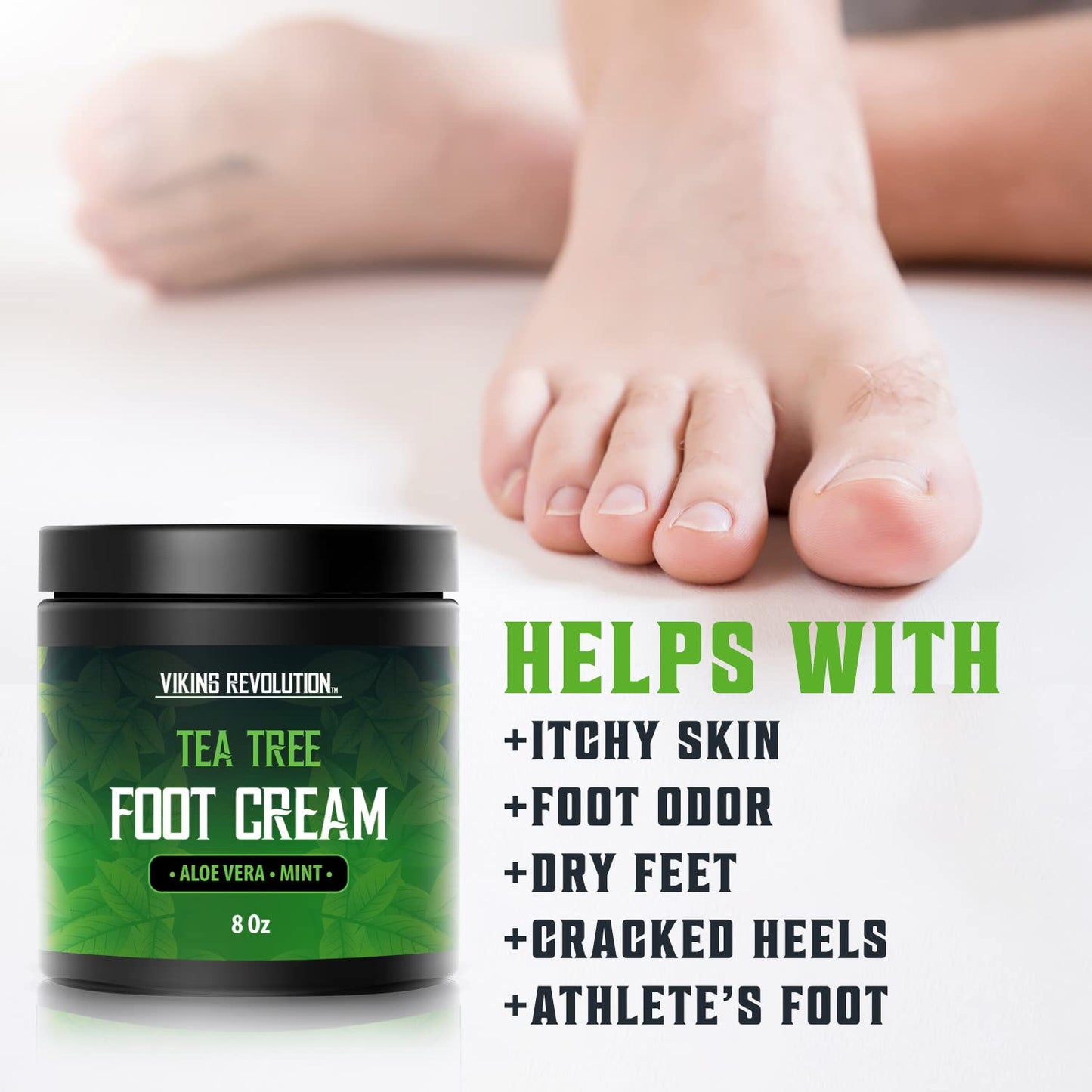 Viking Revolution Tea Tree Foot Cream for Dry Cracked Heels - Foot Balm For Cracked Feet - Dry Feet Repairing Cream with Aloe Vera and Mint (8oz)