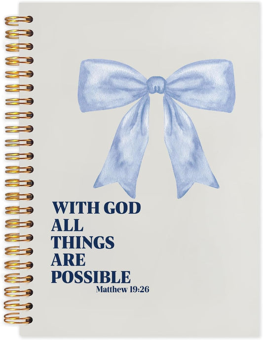 Coquette Blue Bow Christian Spiral Journal Notebook 5.5x8.3in, with God All Things Are Possible Inspirational Prayer Journal for Woman, Inspirational Bible Notebooks for Note Taking