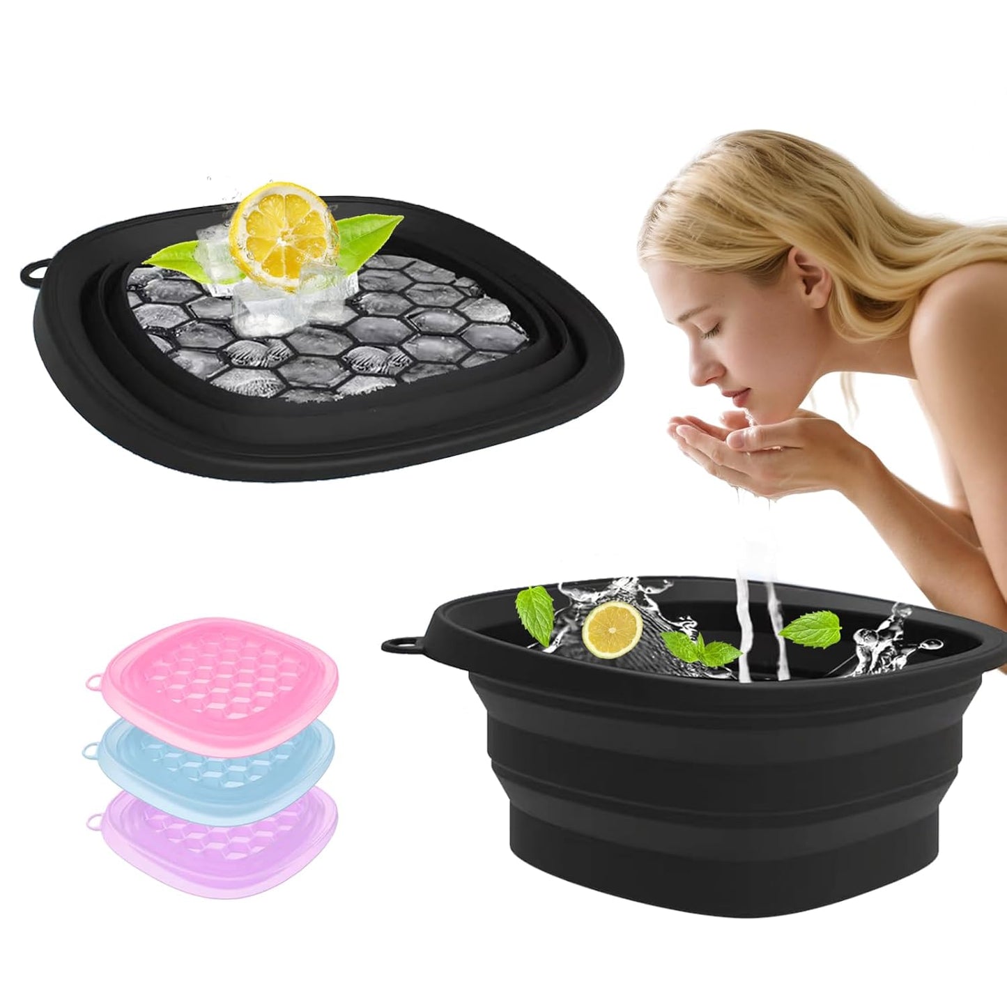 Face Bowl for Ice with Built-in IceTray,Collapsible Silicone Face Ice Bowl – Cold Plunge Therapy for Skin Tightening & Facial Treatment– Portable Spa Tool for Home & Travel（Black)