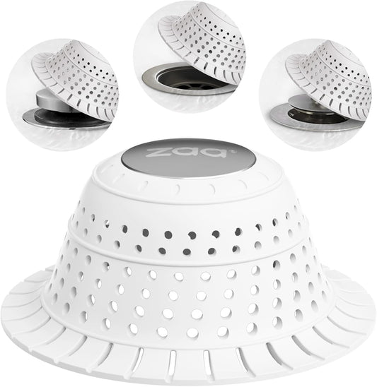 zaa Bathtub Drain Hair Catcher, Silicone Collapsible 1 Pack Drain Protector for Pop-Up and Regular Drains of Shower, Tub, Bathroom, Sink, Snow-White