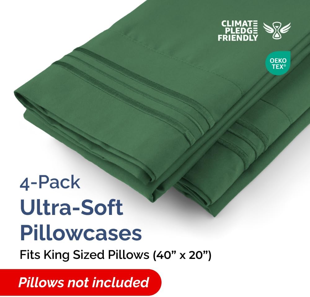 King Pillow Cases Set of 4 - Ultra Soft Hotel Quality Pillowcase Covers - Comfy, Cozy & Wrinkle Free - Shrinkage and Fade Resistant - Machine Washable Pillow Protectors - 4 Piece Set - Emerald Green